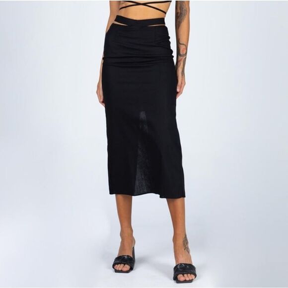 Princess Polly Black Mariah Cotton Linen‎ Cutout Midi Sheath Skirt 4US - Picture 7 of 9